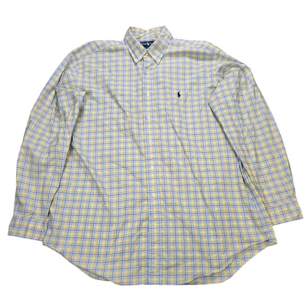 Ralph Lauren Classic Fit Button Down Shirt Mens Size XL Yellow Blue Plaid Cotton